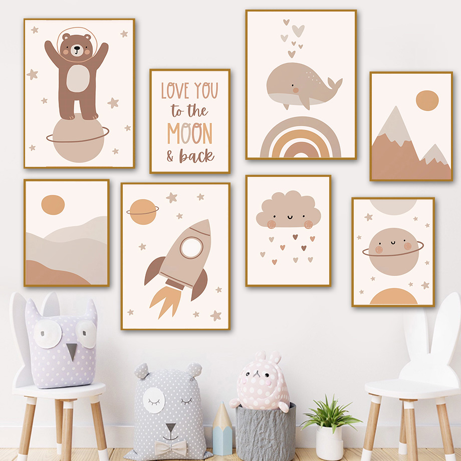 Baby Nursery Pictures - Boho Bear Whale Rocket Planet Sun