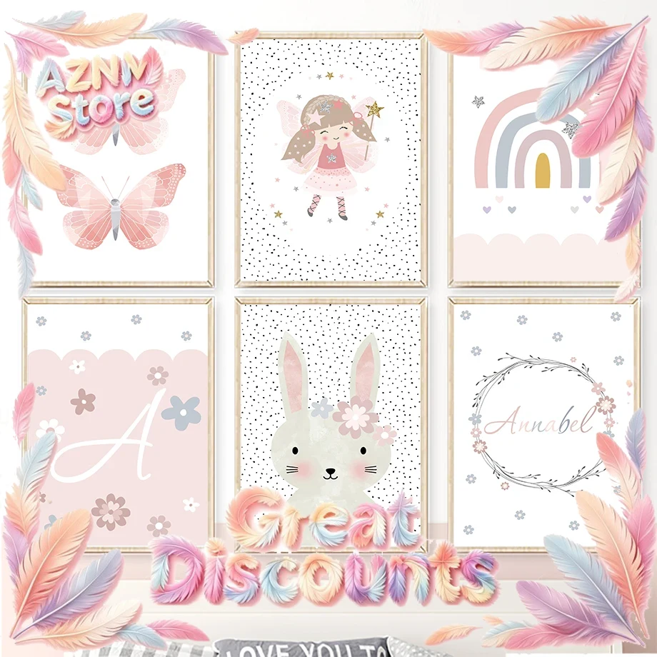 Baby Nursery Pictures - Cute Girl Rabbit Flower Butterfly Rainbow