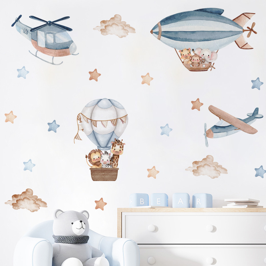Baby Nursery Wall Decals - Watercolor Animals Hot Air Balloon Clouds