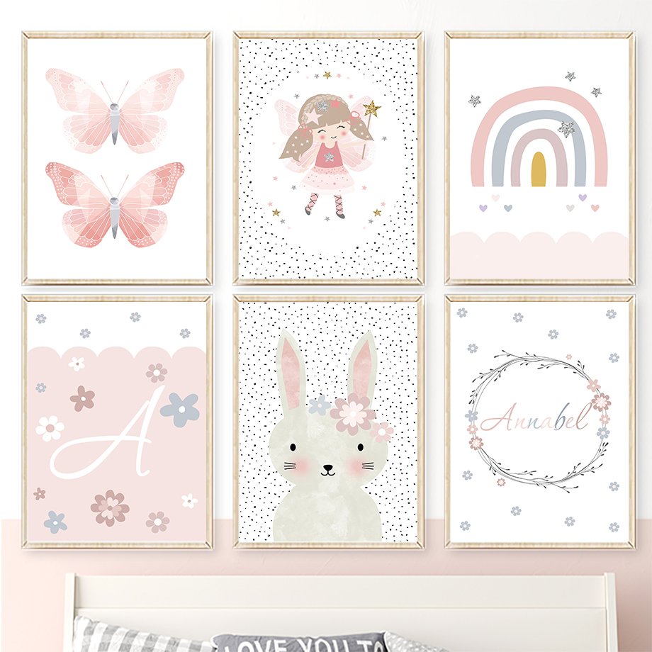 Baby Nursery Pictures - Cute Girl Rabbit Flower Butterfly Rainbow