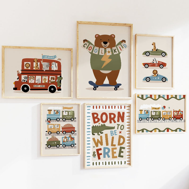 Funny Cartoon Animals Car Bus  - Baby Nursery Pictures review and price